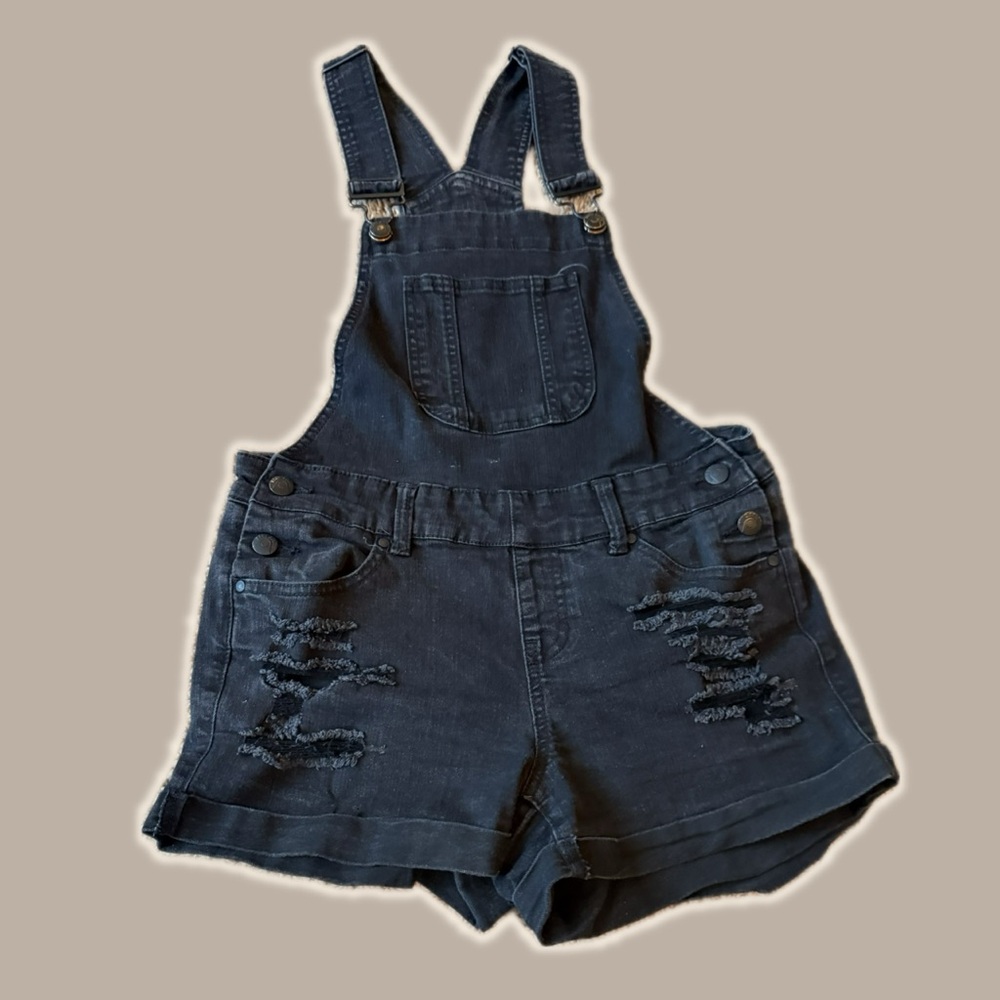 distressed black denim overalls